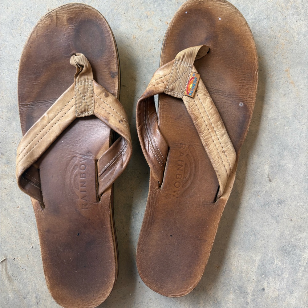 Rainbow Tan Leather Flip-Flops Sandals